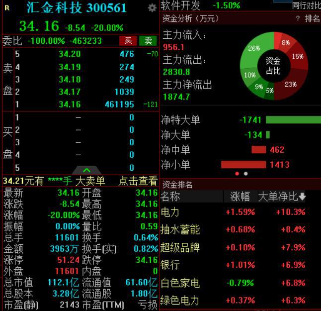 恐被实施退市风险警示，汇金科技超46万手封死跌停