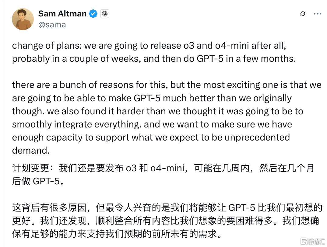 GPT-5发布推迟！满血版o3和o4-mini先行登场，奥尔特曼：将远超预期
