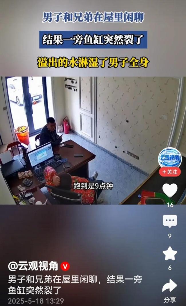 男子和兄弟闲聊鱼缸突然裂了 湿身惊喜引发狼狈一幕