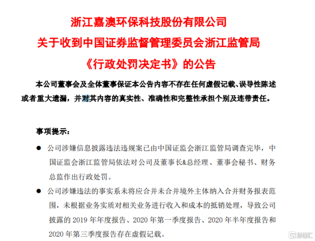 再触红线！嘉澳环保涉嫌信披违规被立案，股价逆势狂拉近5%