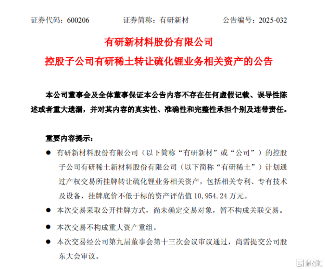 战投利好难抵概念剥离利空！有研新材转让硫化锂业务，股价应声下挫