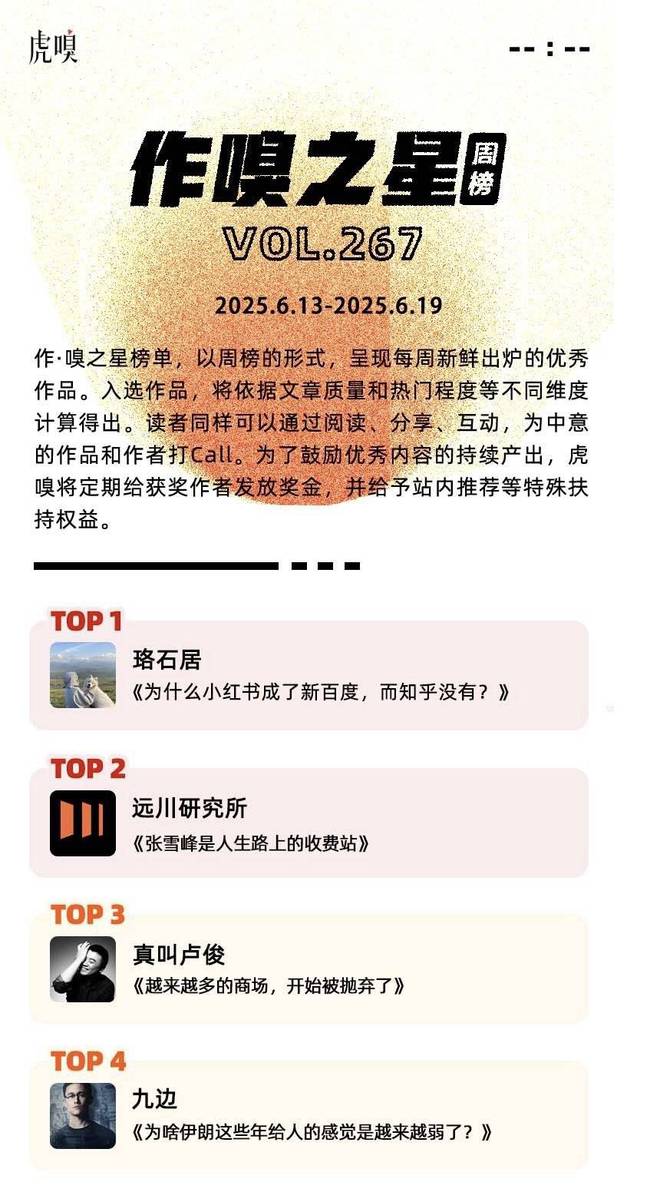 虎嗅【作·嗅之星】周榜第267期
