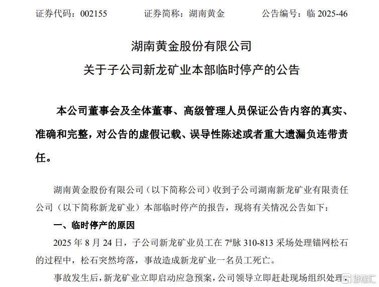 净利大增近五成，湖南黄金半年报亮眼！旗下矿场突发停产